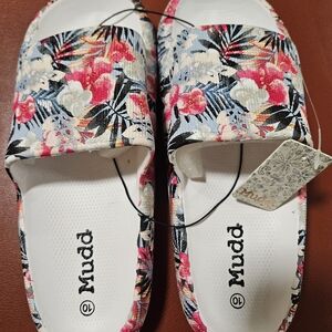 Mudd Women's Floral Slide Sandals - Pink and Blue